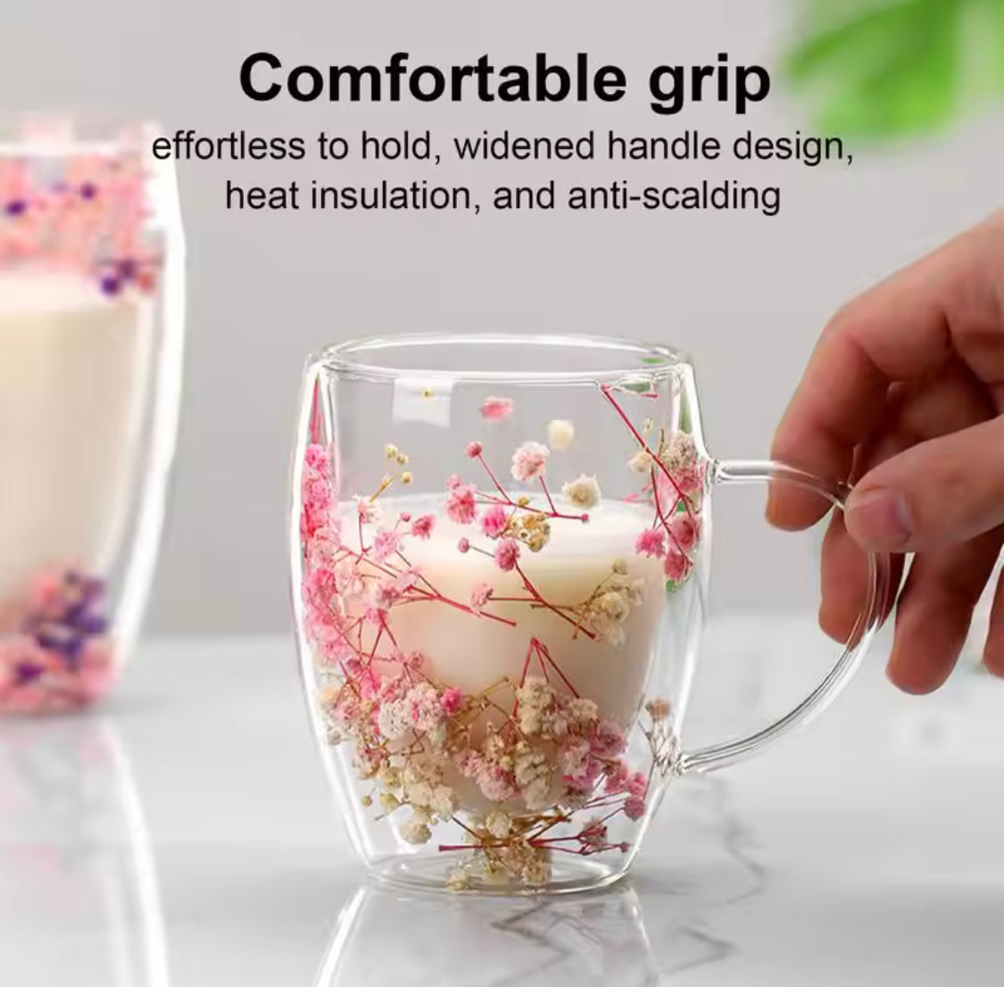 Dry Flowers Double Wall Glass Cup, Transparent Espresso Glass Cup, Double Wall Glass Cup With Handle Dry Flowers Double Wall Glass Cup, Transparent Espresso Glass Cup, Double Wall Glass Cup With Handle